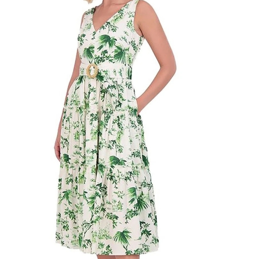 Vince Camuto Sleeveless Floral Green and White Midi Dress